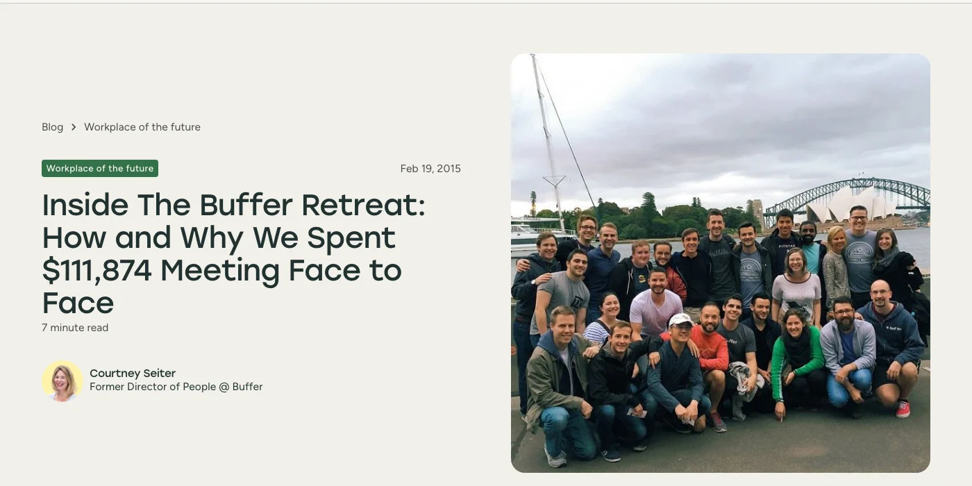 Article de Buffer intitulé Inside The Buffer Retreat : how and why we spent 111 874 dollars meeting face to face, avec la photo de l'équipe