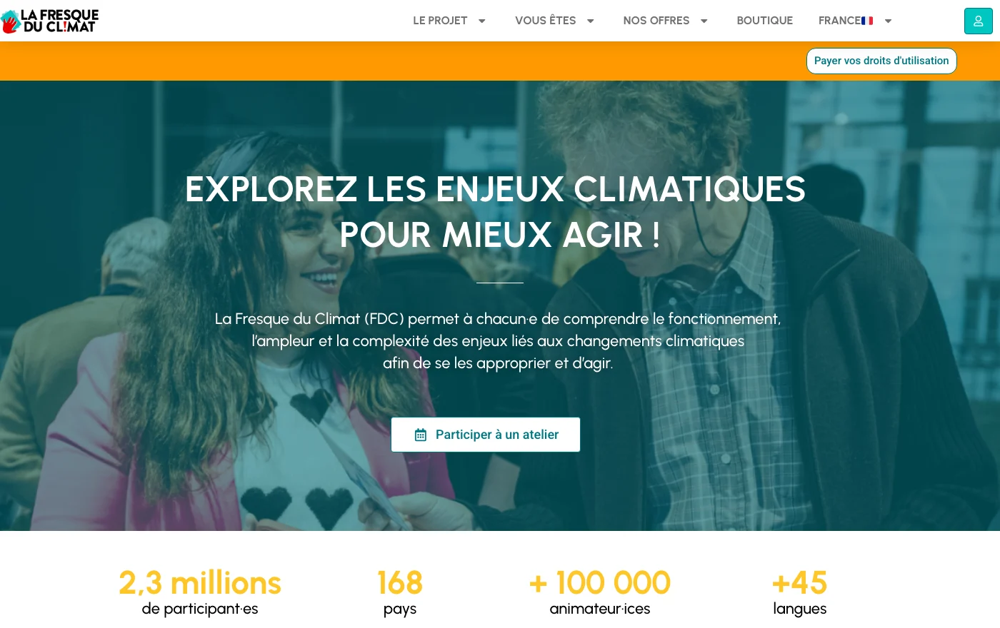 Page d'accueil de la Fresque du Climat avec ses chiffres : 2,3 millions de participants, 168 pays, plus de 100 000 animateurs, plus de 45 langues