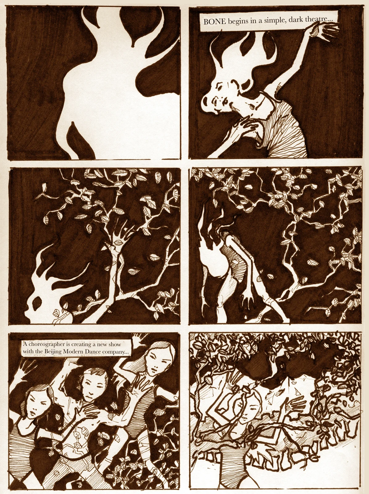 Planche de storyboard à l'encre du documentaire Bone d'Eye Steel Film : six cases, une danseuse, des branches, un cartouche de narration