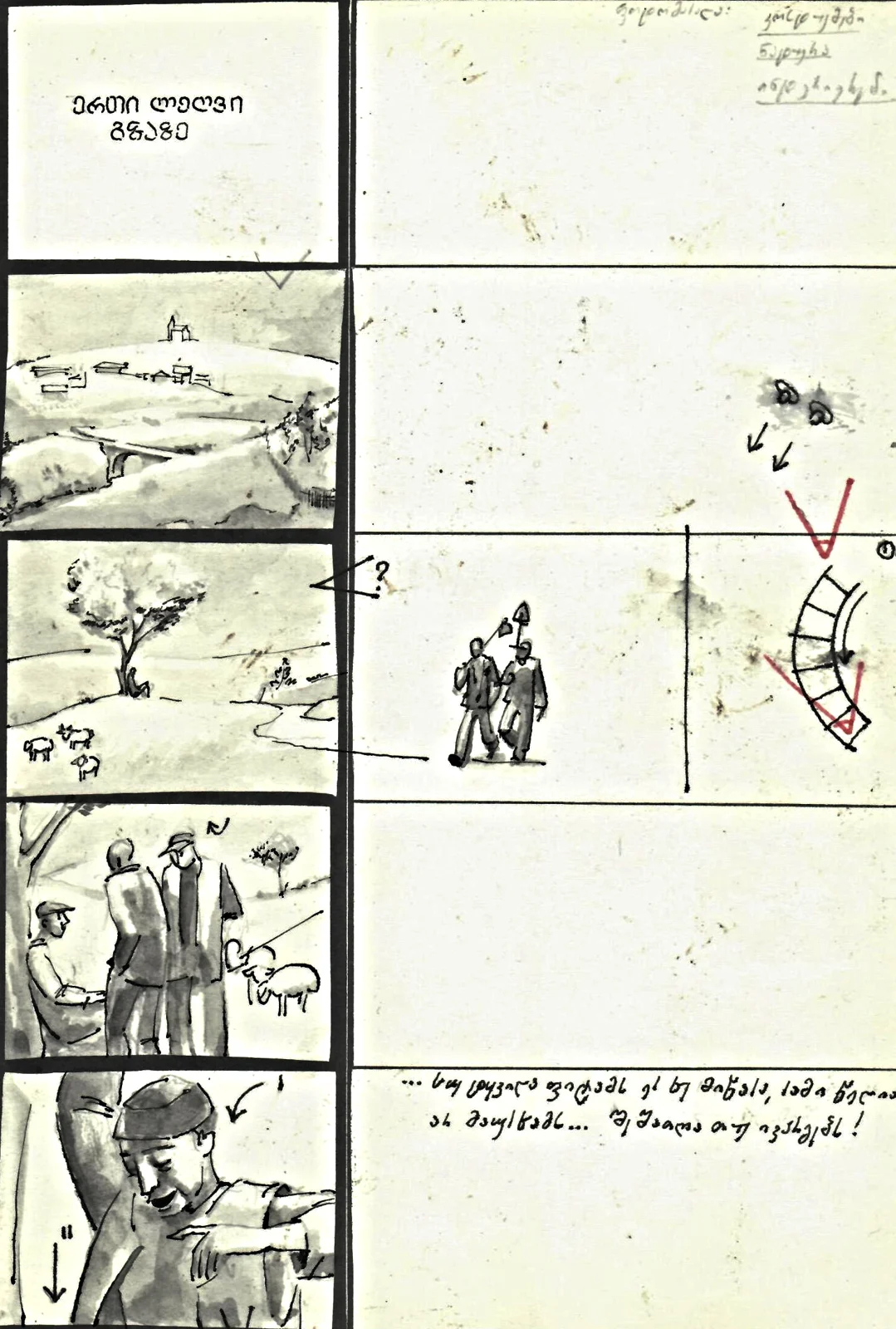 Découpage manuscrit au lavis : cinq cases verticales, flèches de mouvement, notes en marge et schéma de trajectoire de caméra