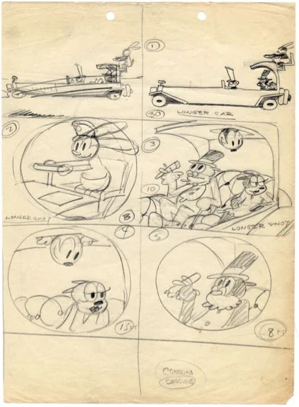 Storyboard au crayon de 1927 pour le court métrage Oswald The Banker's Daughter : cinq cases numérotées avec durées en pieds de pellicule et mention longer shot