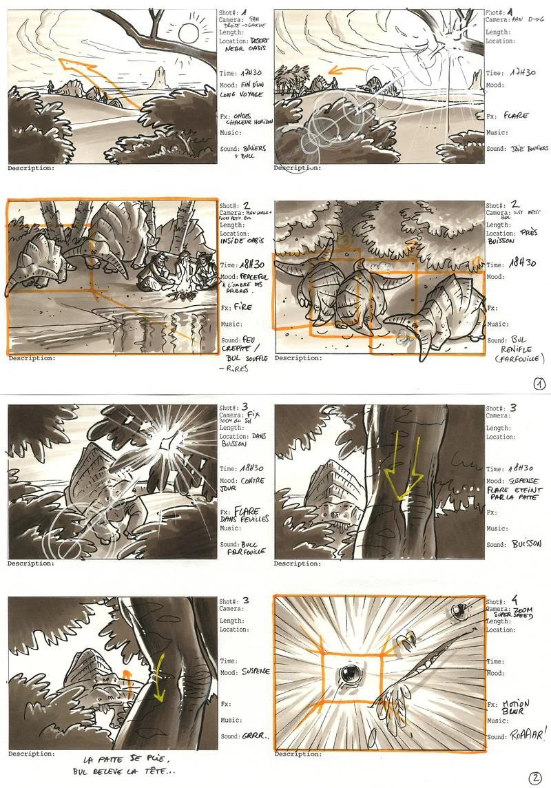 Storyboard de la cinématique du jeu Ryzom : cases au feutre avec champs shot, camera, length, location, time, mood, fx, music, sound et description