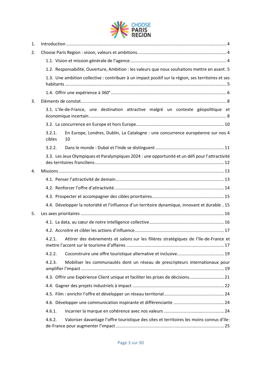 Sommaire du document Enjeux et orientations stratégiques 2024 de Choose Paris Region : vision, constat, missions, axes prioritaires dont la communication inspirante et différenciante