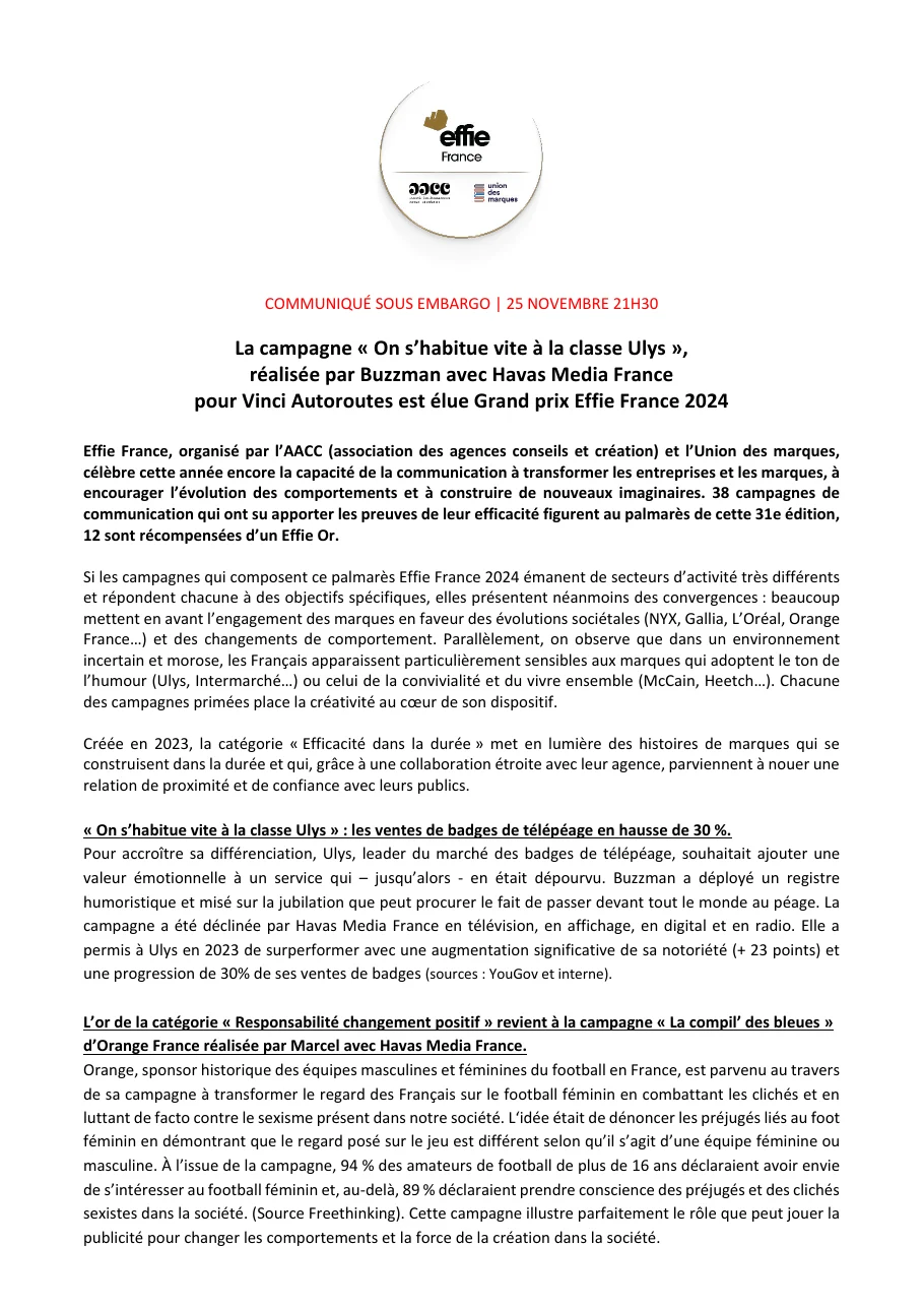 Première page du communiqué du palmarès Effie France 2024 : la campagne Ulys pour Vinci Autoroutes élue Grand Prix