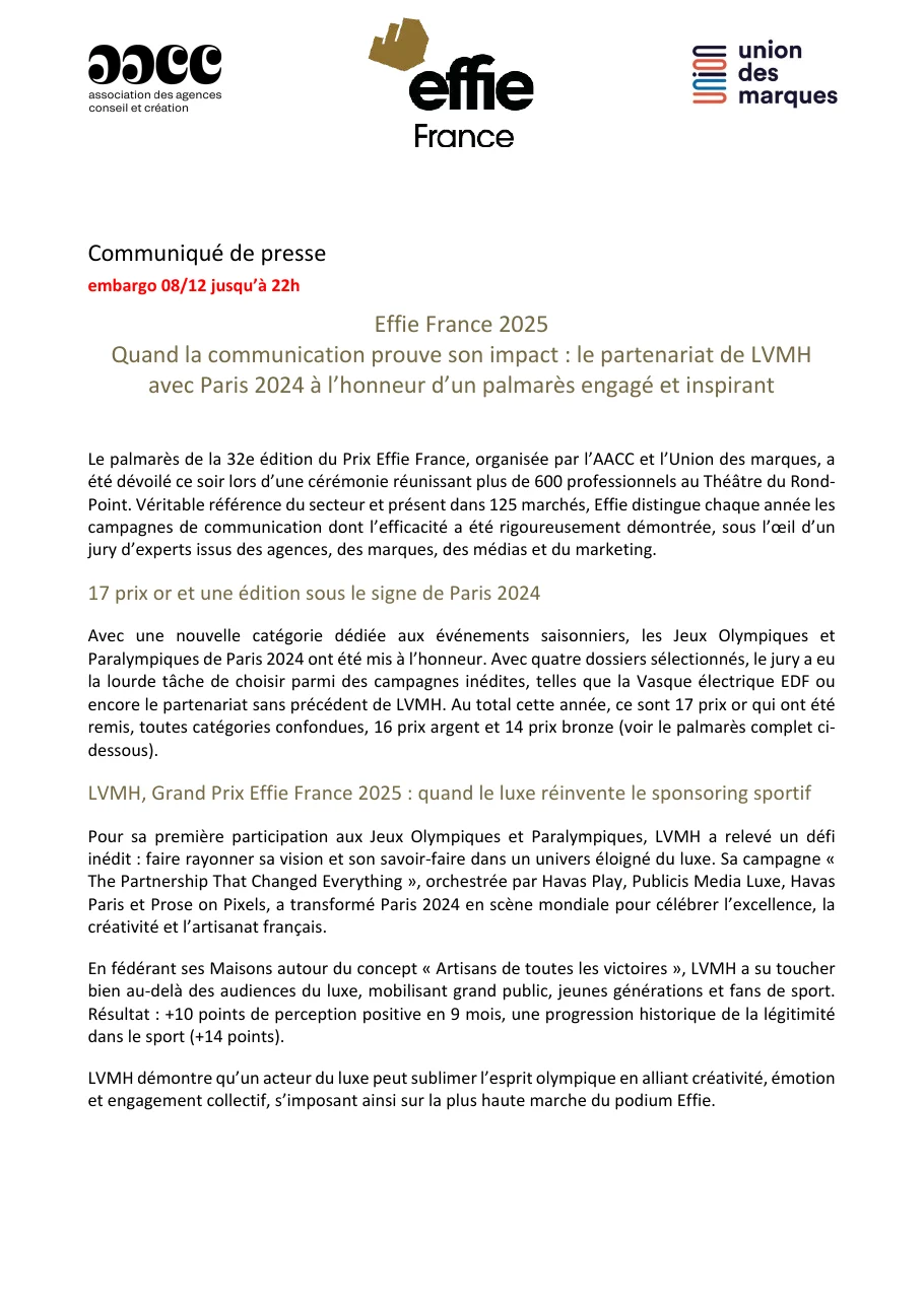 Première page du communiqué du palmarès Effie France 2025 : LVMH Grand Prix pour son partenariat avec Paris 2024