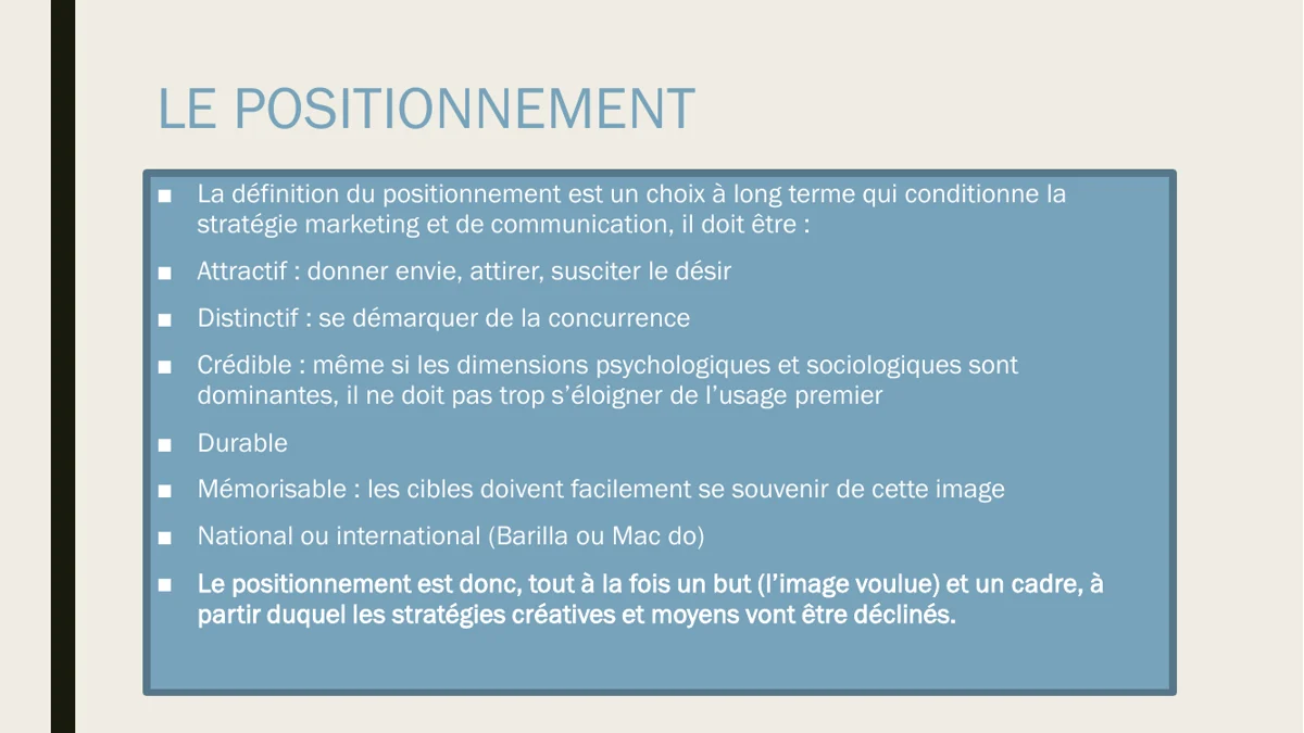 Diapositive du cours de l'université de Tours sur le positionnement : un choix à long terme qui doit être attractif, distinctif, crédible, durable et mémorisable