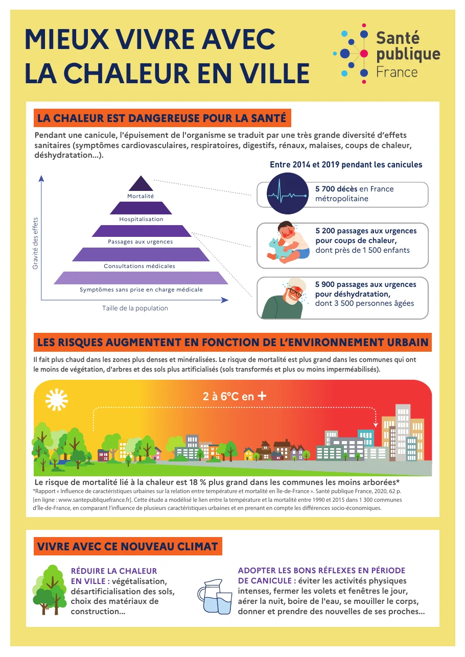 Infographie de Santé publique France, mieux vivre avec la chaleur en ville : pyramide de gravité des effets, chiffres des décès et passages aux urgences, schéma de la ville plus chaude de 2 à 6 degrés, conseils