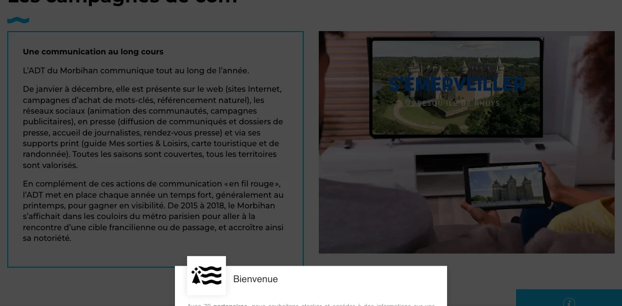Page de Morbihan Tourisme sur ses campagnes : une communication au long cours, du métro parisien de 2015 à 2018 aux campagnes en TV nationale couplées au numérique