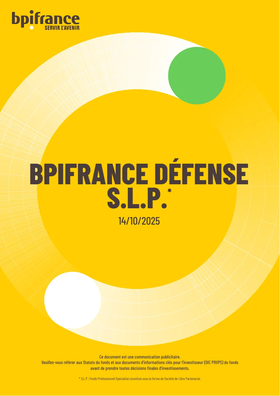 Couverture de la plaquette commerciale du fonds Bpifrance Défense datée du 14 octobre 2025, avec en pied la mention que le document est promotionnel et le renvoi aux statuts et au document d'informations clés