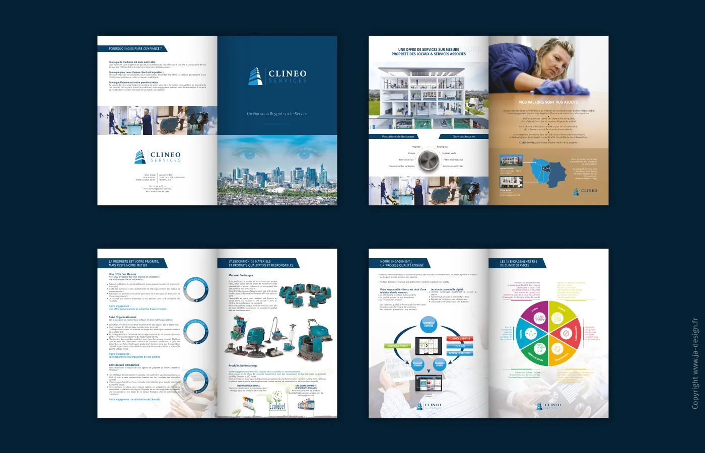 Pages intérieures de la plaquette Clineo Services : prestations et services associés, avec infographies et visuels métier