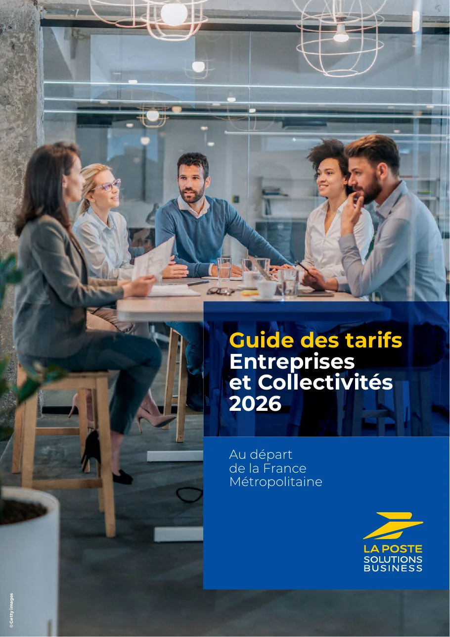 Couverture du guide des tarifs entreprises et collectivités 2026 de La Poste Solutions Business : une photo de réunion créditée Getty images, le titre, le millésime et le périmètre