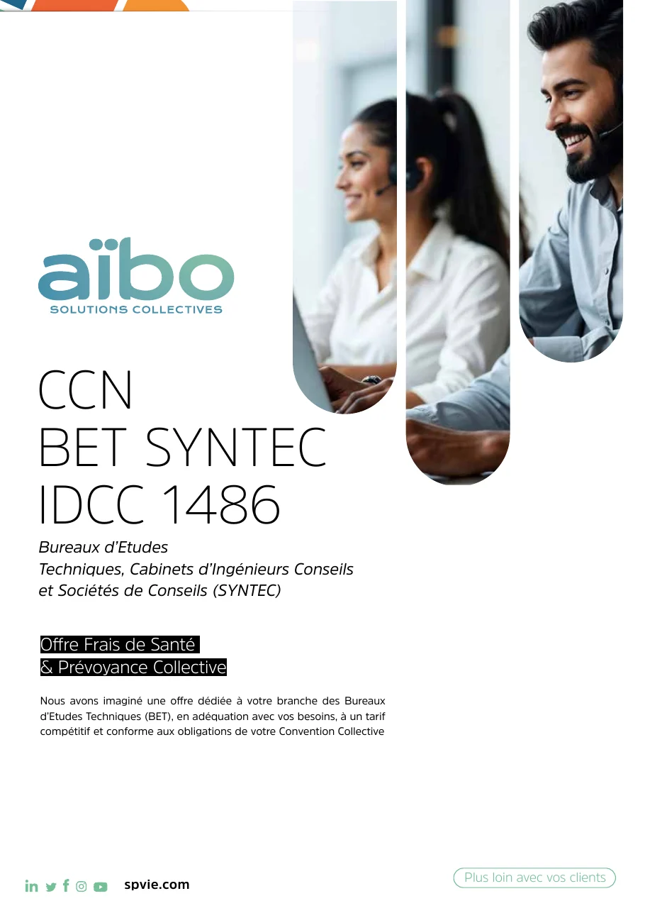 Couverture de la plaquette commerciale de SPVie pour la convention collective des bureaux d'études Syntec, IDCC 1486, offre frais de santé et prévoyance collective 2025-2026