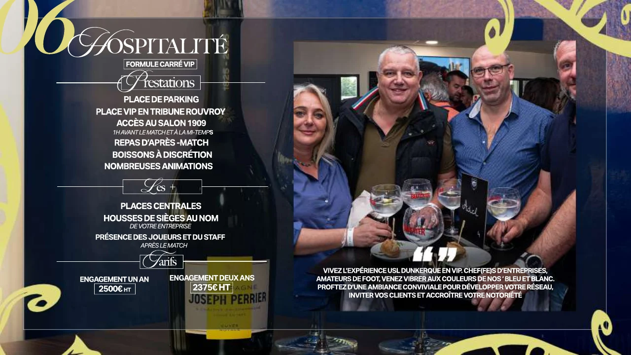 Page hospitalité de la plaquette commerciale 2025-2026 de l'USL Dunkerque : formule carré VIP, prestations, les plus, et les tarifs, 2500 euros HT par place pour un an, 2375 euros HT pour deux ans