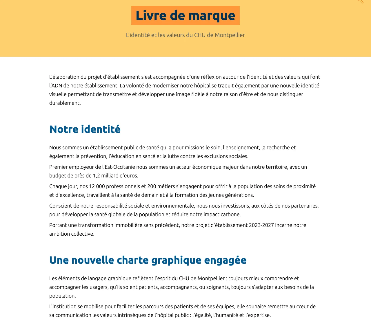 Page livre de marque du CHU de Montpellier : l'identité et les valeurs, notre identité, une nouvelle charte engagée, la flèche comme élément fort