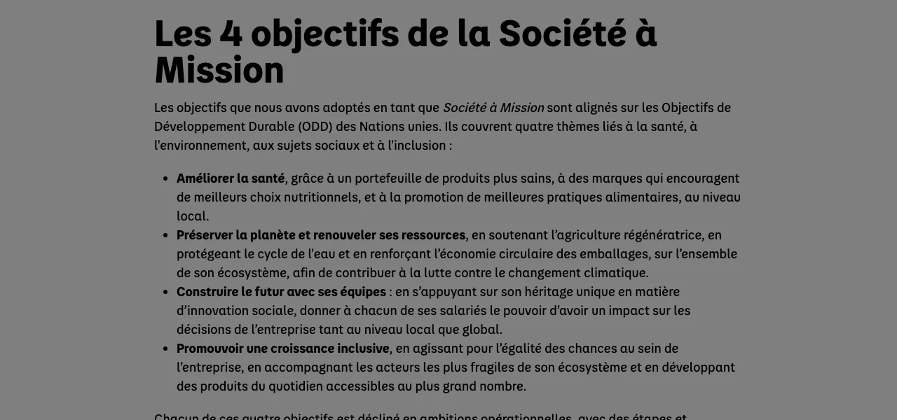 Page société à mission de Danone : les quatre objectifs statutaires, améliorer la santé, préserver la planète, construire le futur avec ses équipes, promouvoir une croissance inclusive