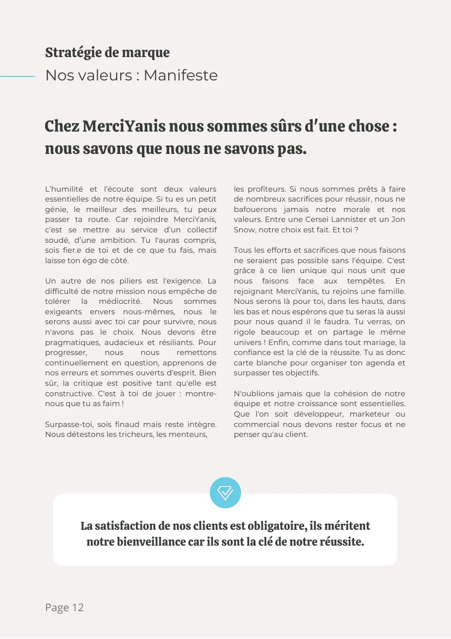 Page manifeste de la plateforme de marque de MerciYanis : nous savons que nous ne savons pas, l'humilité et l'exigence comme piliers, ce que l'équipe déteste