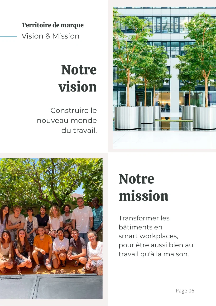 Page vision et mission de la plateforme de marque de MerciYanis : construire le nouveau monde du travail, transformer les bâtiments en smart workplaces