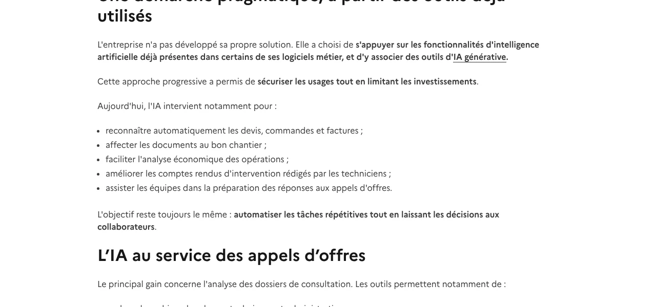 Extrait du témoignage France Num sur les Établissements Cornec : l'IA au service des appels d'offres, analyser les cahiers des clauses, extraire, synthétiser, assister le comptage, préparer une première structure de réponse