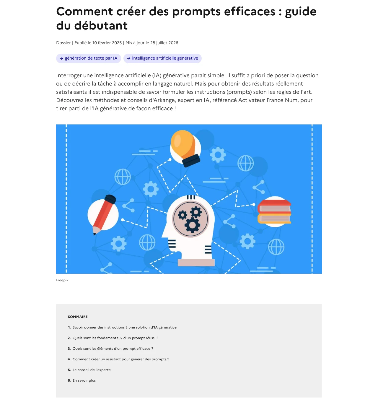 Page du guide du débutant de France Num, comment créer des prompts efficaces, publié en février 2025 et mis à jour en juillet 2026, avec son sommaire
