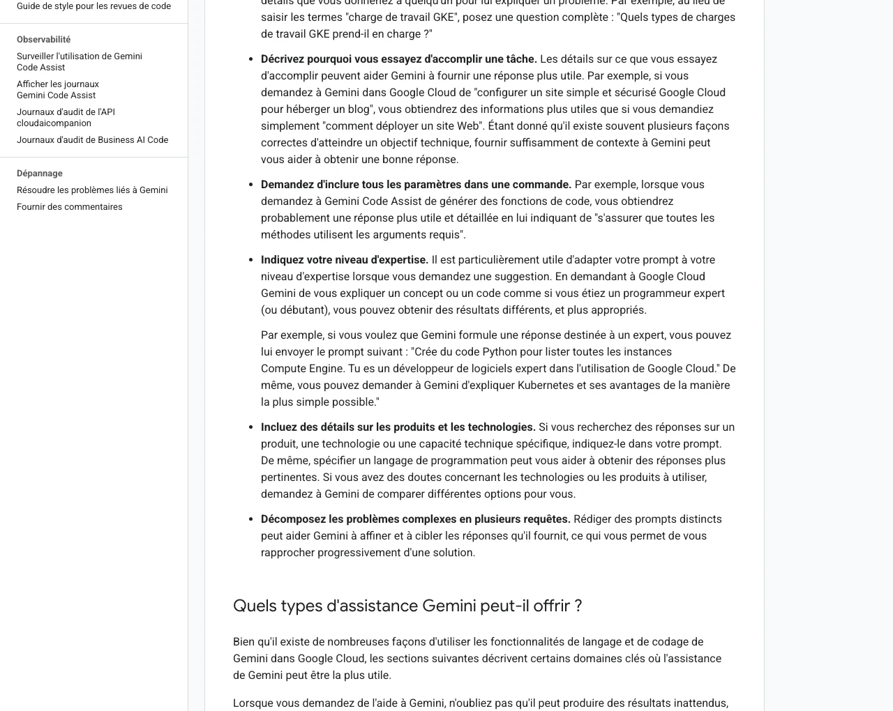 Guide Google Cloud pour écrire de meilleurs prompts à Gemini : parler comme à une personne, décrire pourquoi, inclure les paramètres, indiquer son niveau d'expertise, décomposer