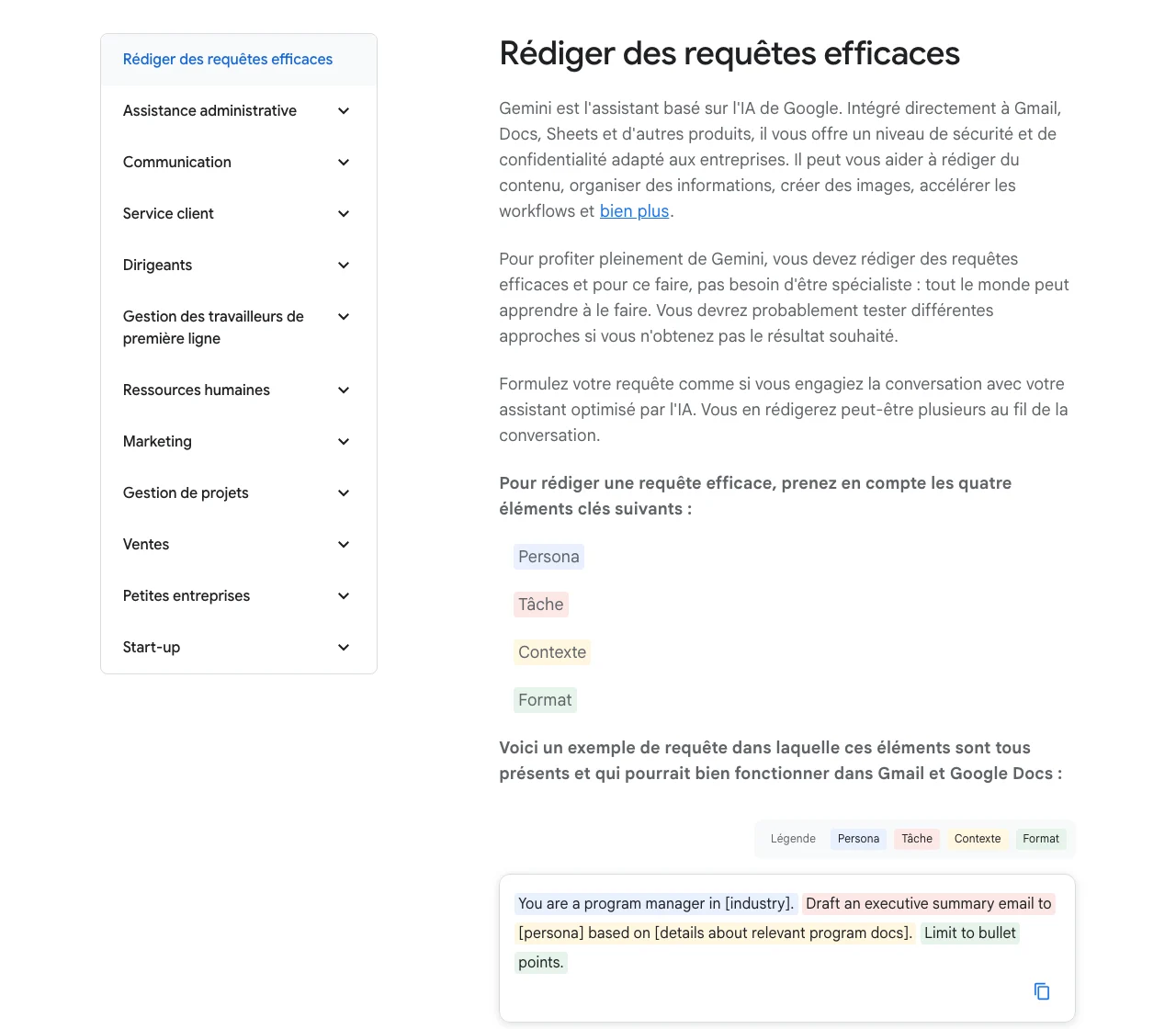 Guide sur la création de requêtes de Google Workspace : les quatre éléments clés, persona, tâche, contexte, format, et l'exemple de requête surligné bloc par bloc