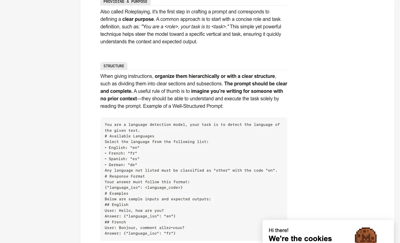 Documentation Mistral, exemple de prompt bien structuré : détection de langue, liste des langues autorisées, format de réponse imposé, exemples d'entrées et de sorties