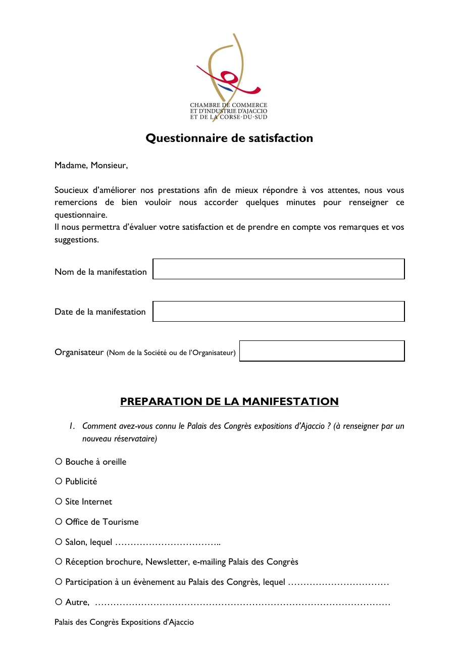 Première page du questionnaire de satisfaction du Palais des congrès d'Ajaccio, géré par la CCI : nom, date et organisateur de la manifestation, puis la section préparation avec la question sur la façon dont le client a connu le lieu