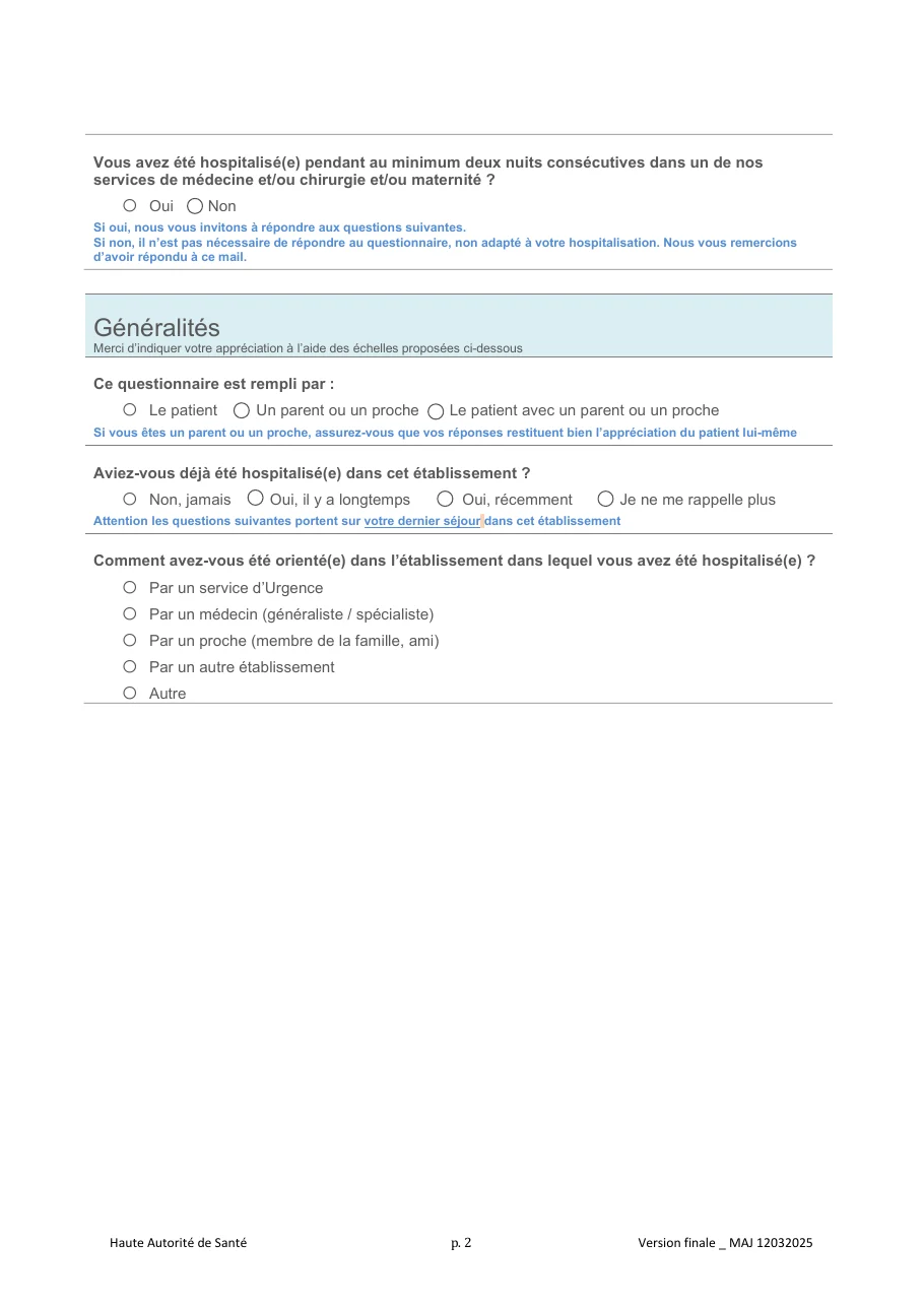 Page du questionnaire e-Satis de la Haute Autorité de santé pour les patients hospitalisés plus de 48 heures : filtre d'entrée, qui remplit le questionnaire, hospitalisation antérieure, mode d'orientation