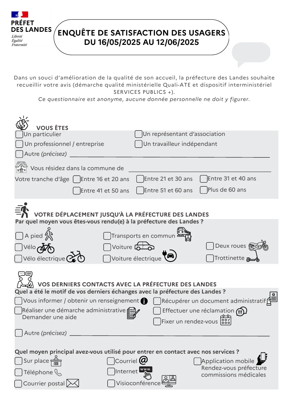 Première page de l'enquête de satisfaction des usagers de la préfecture des Landes, du 16 mai au 12 juin 2025 : profil, commune, tranche d'âge, moyen de déplacement, motif du dernier contact, canal utilisé