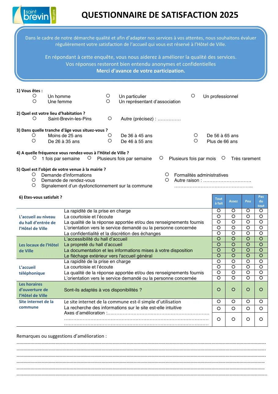 Questionnaire de satisfaction 2025 de la mairie de Saint-Brevin-les-Pins : profil du répondant, fréquence de venue, objet, puis une grille par thème, accueil, locaux, téléphone, horaires, site, avec quatre niveaux de réponse