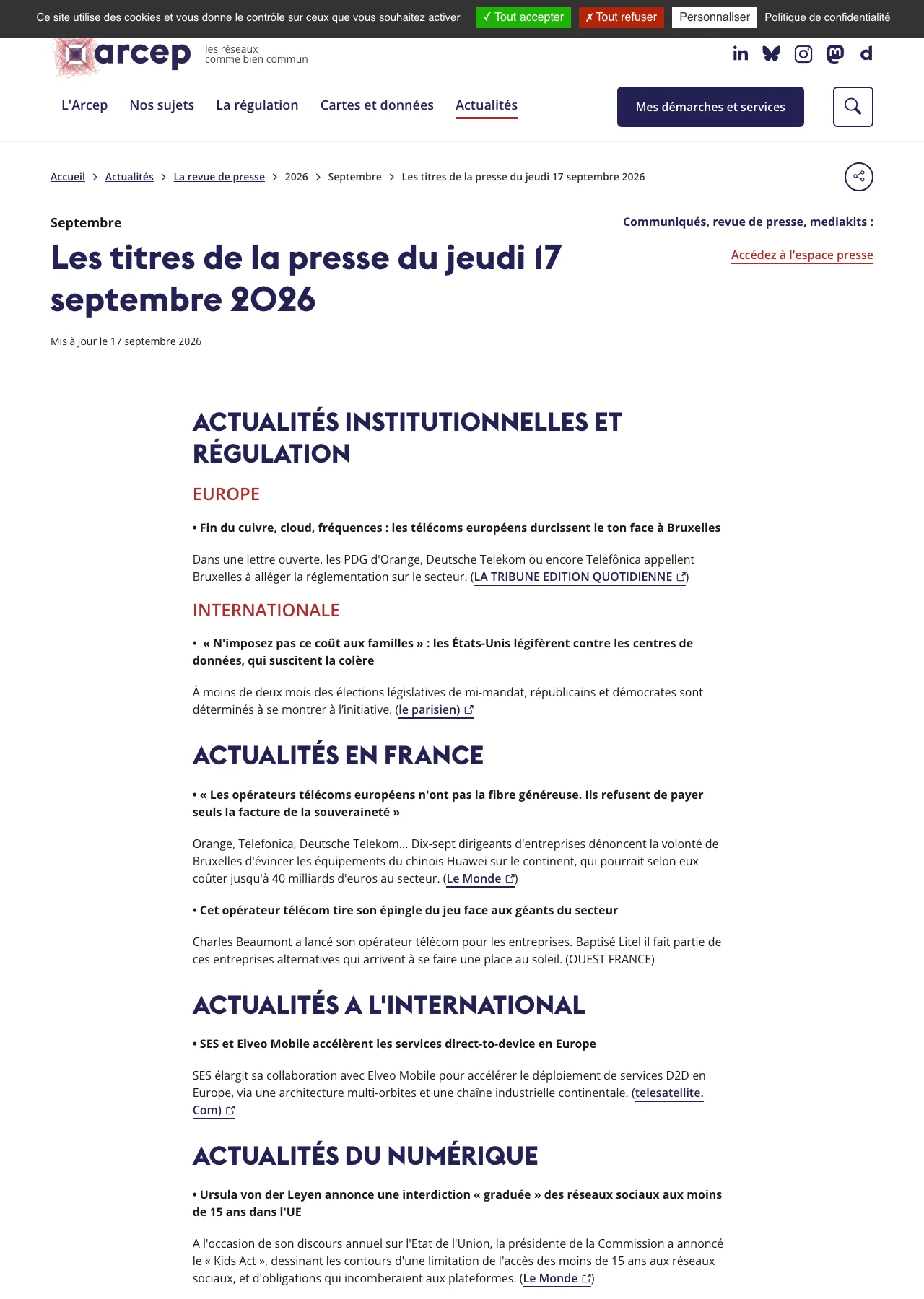 Revue de presse quotidienne de l'Arcep du 17 septembre 2026 : rubriques Europe, internationale, France, numérique, avec pour chaque article un titre en gras, un résumé d'une phrase et la source entre parenthèses