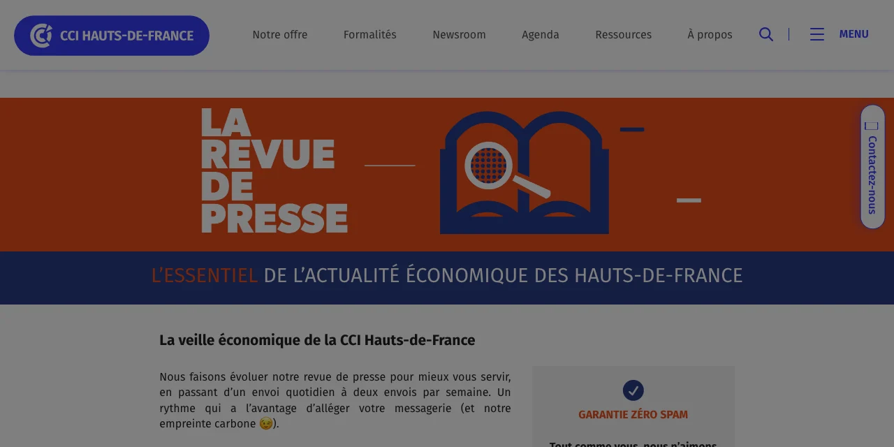Page d'abonnement à la revue de presse de la CCI Hauts-de-France, l'essentiel de l'actualité économique de la région, passée d'un envoi quotidien à deux envois par semaine