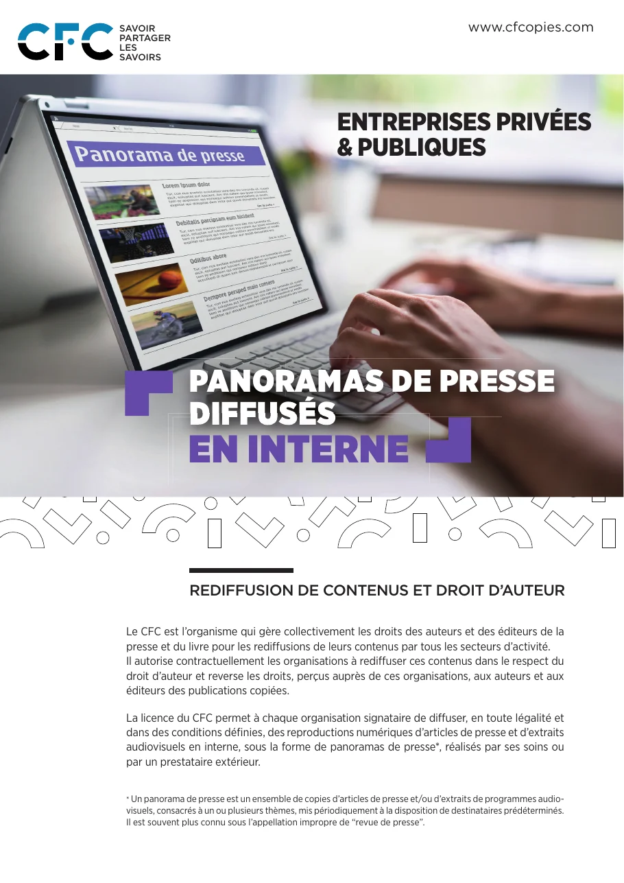 Couverture de la notice du CFC sur les panoramas de presse diffusés en interne, entreprises privées et publiques, avec la définition du panorama de presse en note de bas de page
