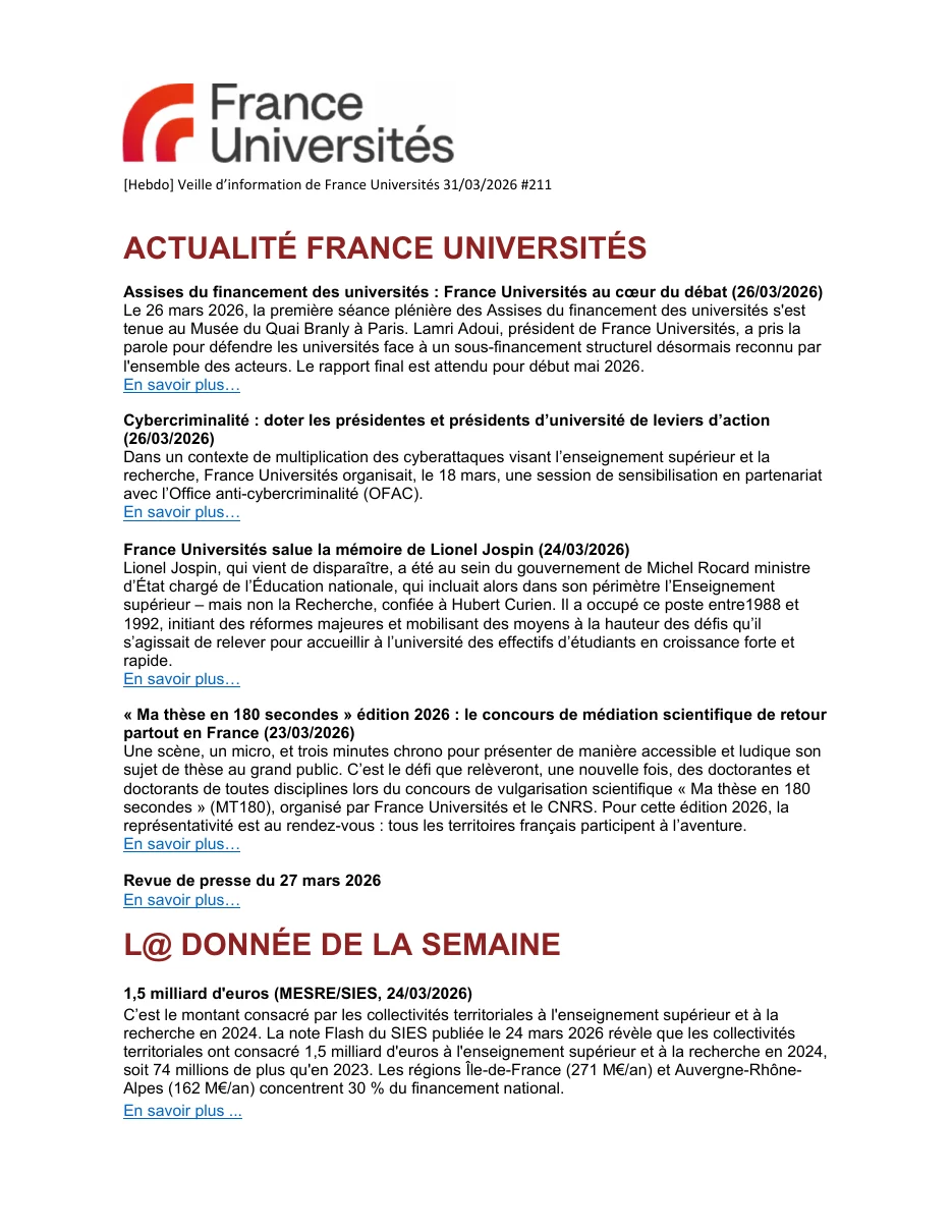 Première page de la veille d'information hebdomadaire de France Universités, numéro 211 du 31 mars 2026 : actualité de l'association, revue de presse du 27 mars 2026, et la donnée de la semaine