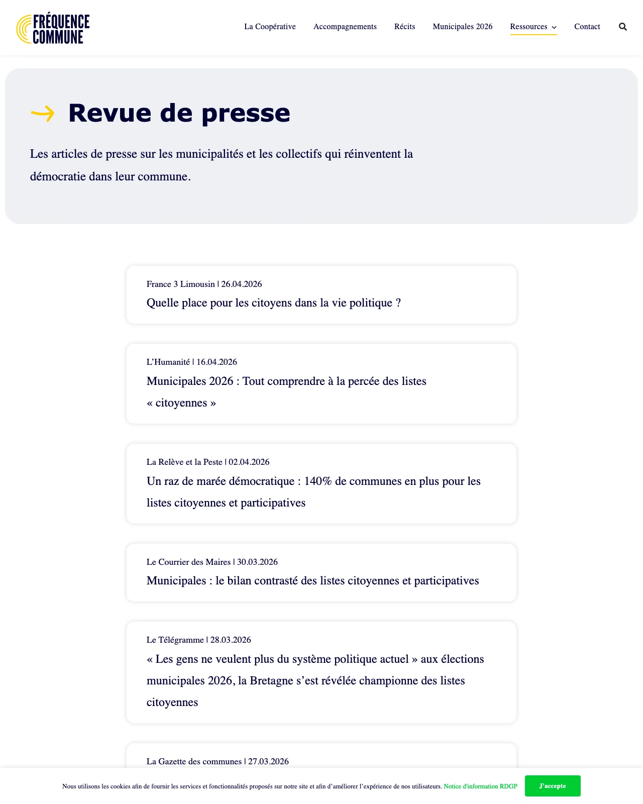 Revue de presse de la coopérative Fréquence Commune : une carte par article, avec le média, la date et le titre, France 3 Limousin, L'Humanité, Le Courrier des Maires, Le Télégramme