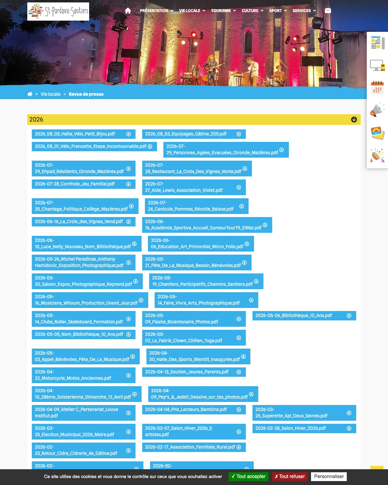 Page revue de presse du site de la commune de Saint-Pardoux-Soutiers : une grille de fichiers PDF datés, un par article de presse paru sur la commune en 2026