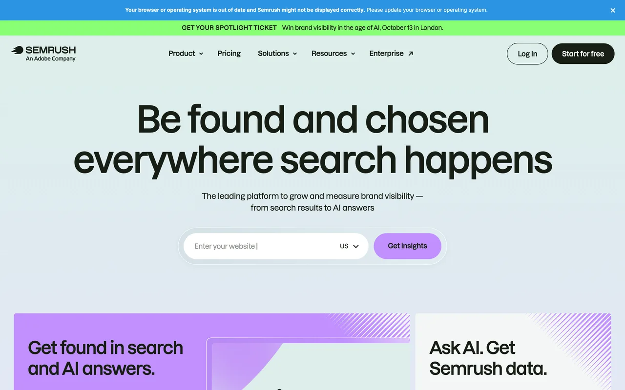 Capture de la page d’accueil de Semrush le 19 octobre 2026, plateforme d’analyse de visibilité dans la recherche
