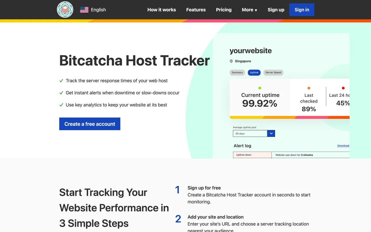 Capture du site Bitcatcha le 19 octobre 2026, devenu un service de suivi des performances des hébergeurs web