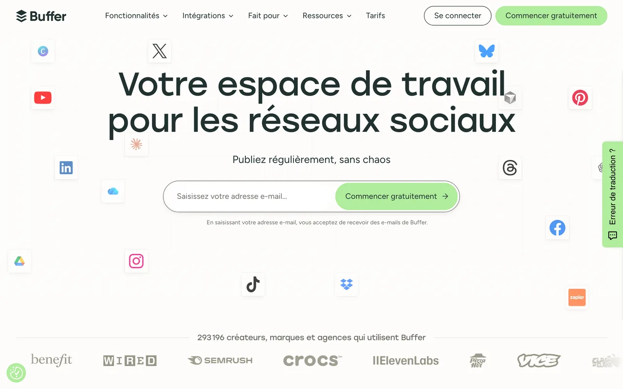 Capture de la page d’accueil de Buffer le 19 octobre 2026, outil de programmation de publications sur les réseaux sociaux