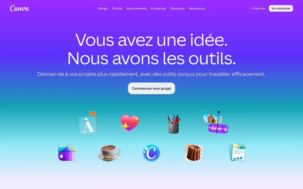 Capture de la page d’accueil de Canva en français le 19 octobre 2026, outil de création de visuels