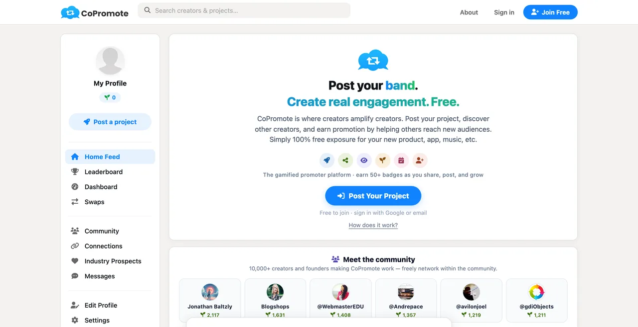 Capture de la page d’accueil de CoPromote le 19 octobre 2026, plateforme d’échange de promotion entre créateurs