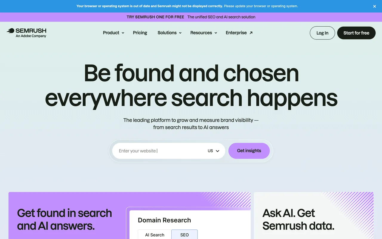 Capture de la page d’accueil de Semrush le 19 octobre 2026, outil de recherche de mots-clés et d’analyse de visibilité