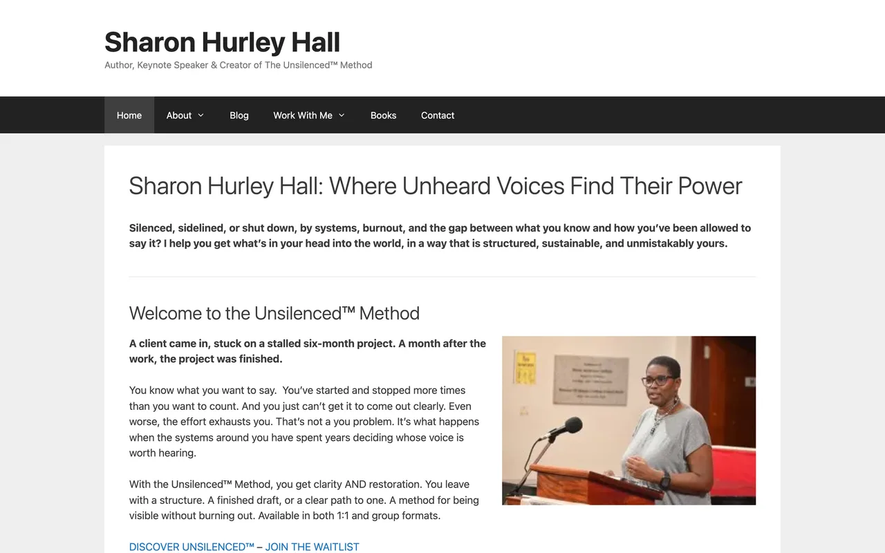 Capture du site de Sharon Hurley Hall le 19 octobre 2026