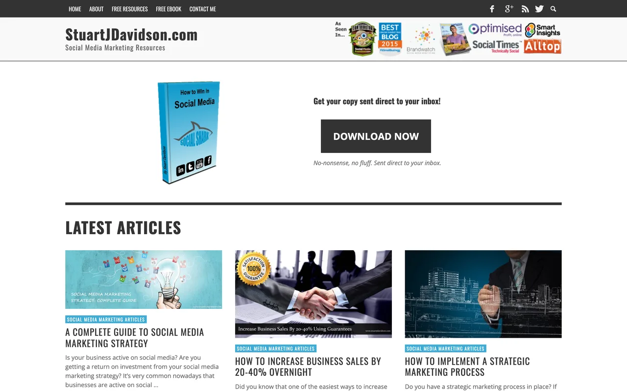 Capture du site de Stuart J. Davidson le 19 octobre 2026, ressources de marketing sur les réseaux sociaux