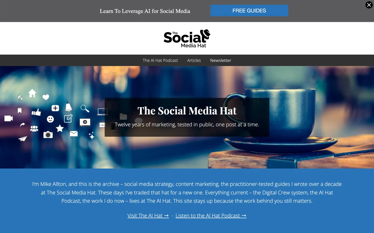 Capture du site The Social Media Hat de Mike Allton le 19 octobre 2026, présenté comme l’archive de douze ans d’articles