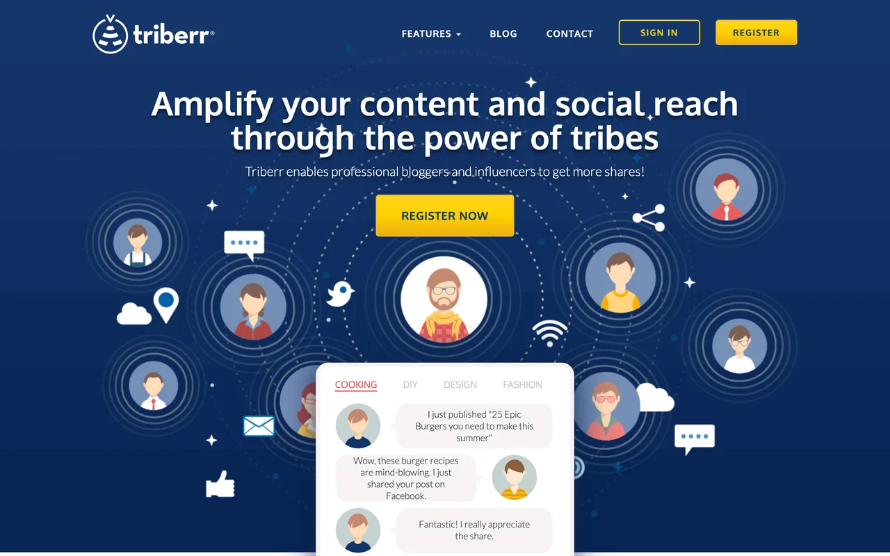 Capture de la page d’accueil de Triberr le 19 octobre 2026, plateforme de partage de contenus entre blogueurs