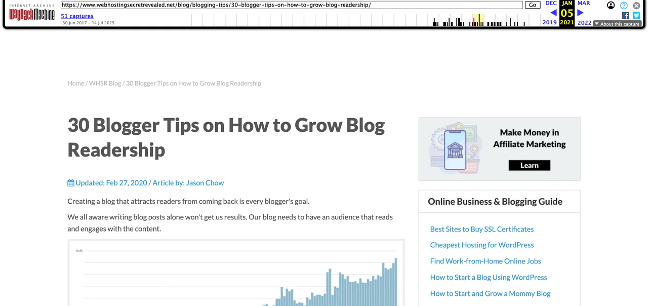 Capture de la copie archivée par l’Internet Archive de l’article 30 Blogger Tips on How to Grow Blog Readership de WHSR, signé Jason Chow et mis à jour le 27 février 2020, consultée le 19 octobre 2026