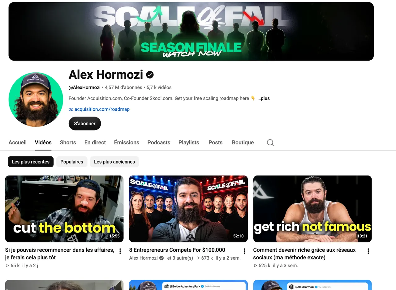 Page de la chaîne YouTube Alex Hormozi, 4,57 millions d'abonnés, capture du 19 octobre 2026