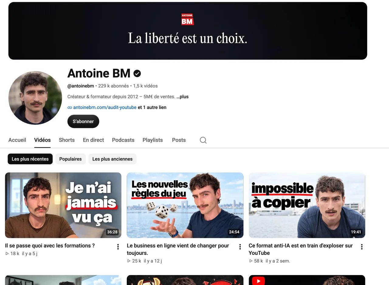 Page de la chaîne YouTube Antoine BM, 229 k abonnés, capture du 19 octobre 2026