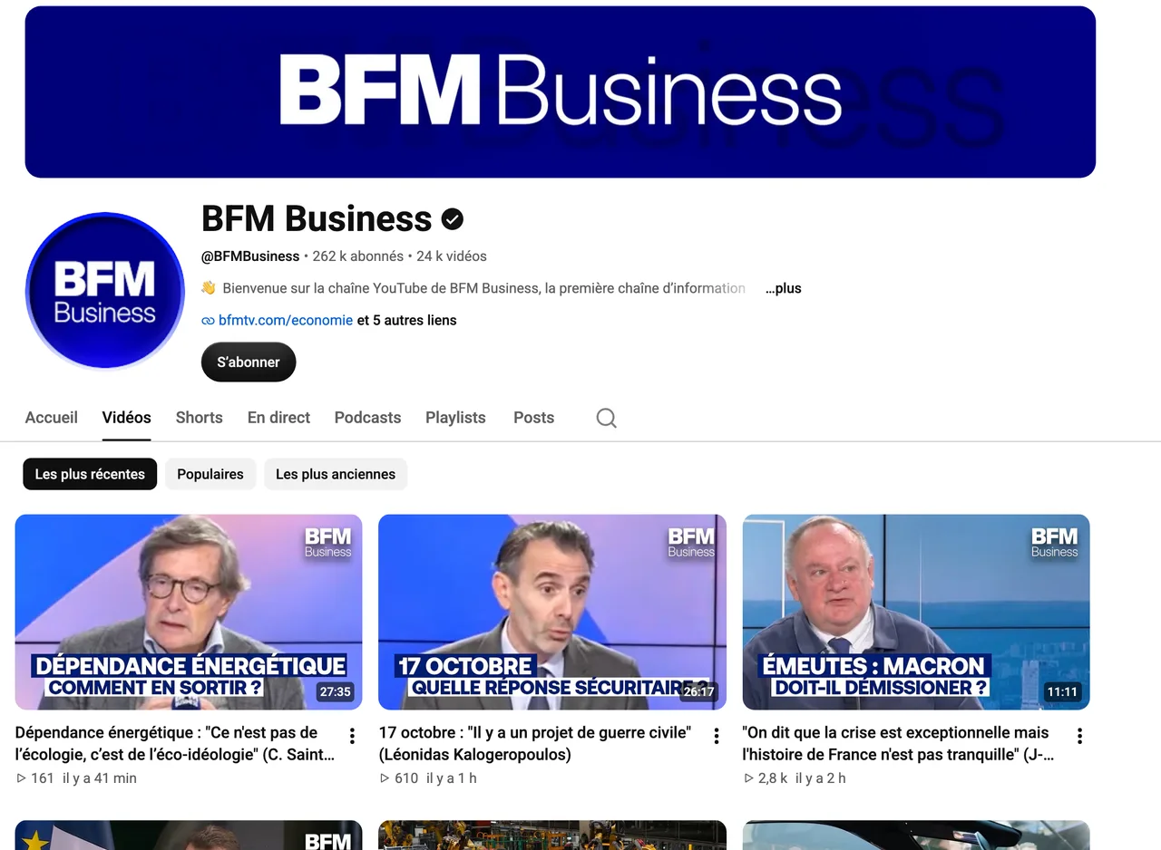 Page de la chaîne YouTube BFM Business, 262 k abonnés, capture du 19 octobre 2026